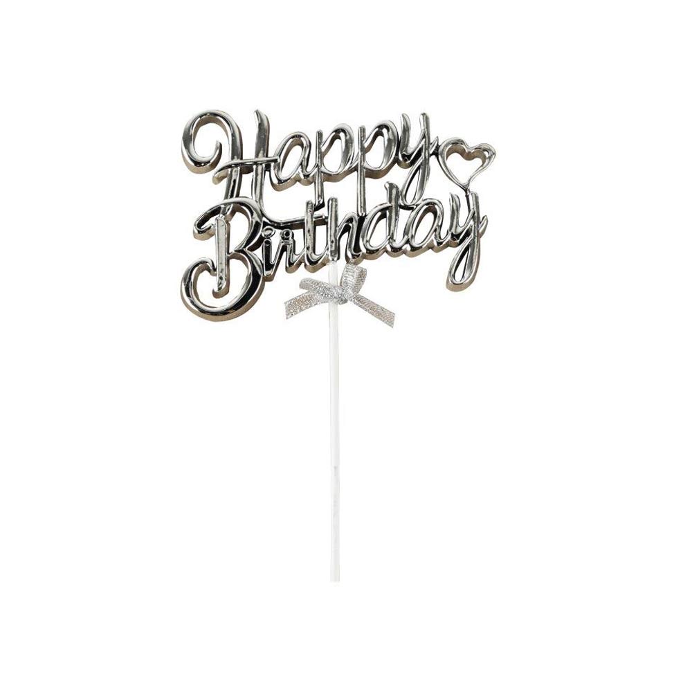 Happy Birthday Cake Topper - Silver