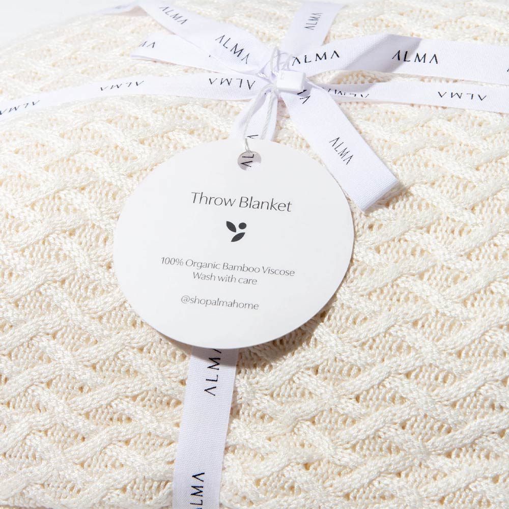 Alma Bamboo Knitted Throw Blanket - Ivory White
