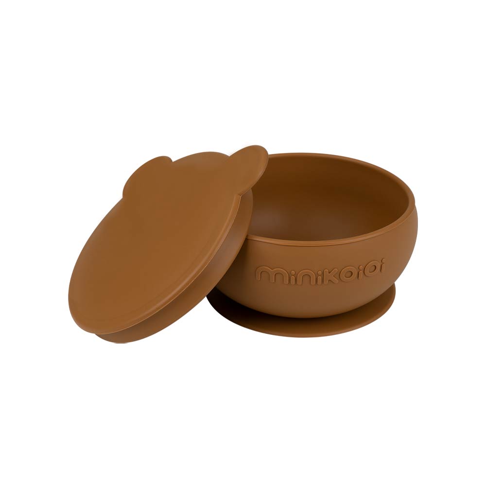 Minikoioi Bowly Stay-Put Suction Bowl with Lid - Woody Brown