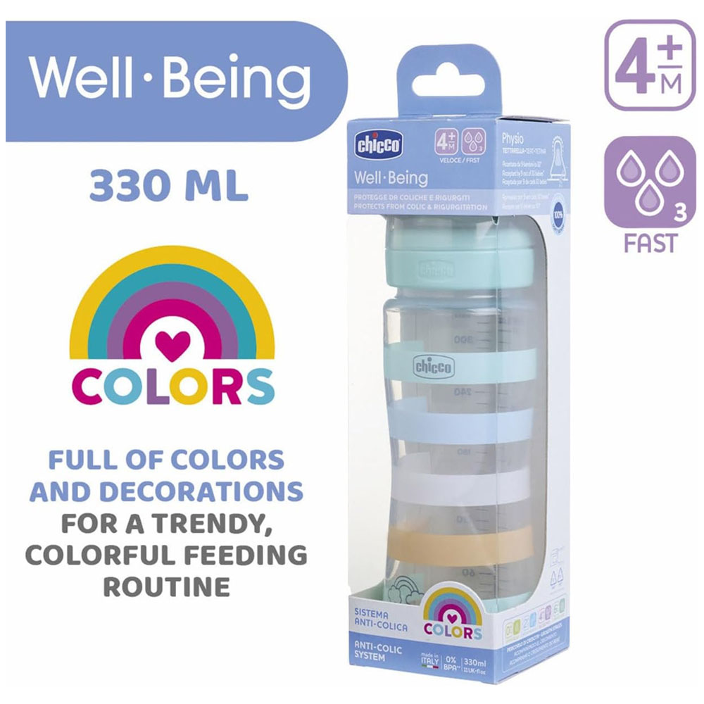 Chicco Colors Anti-Colic Fast Flow Plastic Bottle (4m+) 330ml