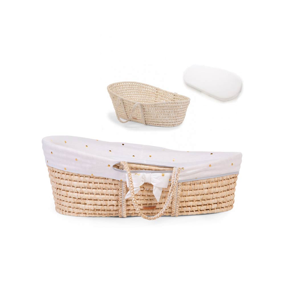 Childhome Moses Basket with Jersey Gold Dots & Mattress