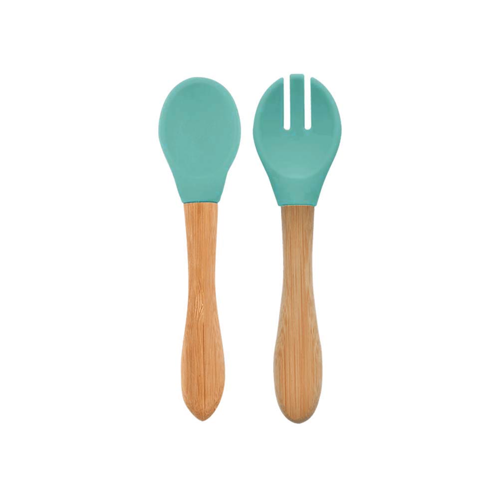Minikoioi Dig In Spoon & Fork with Bambo Handle - Aqua Green - 2 Pcs