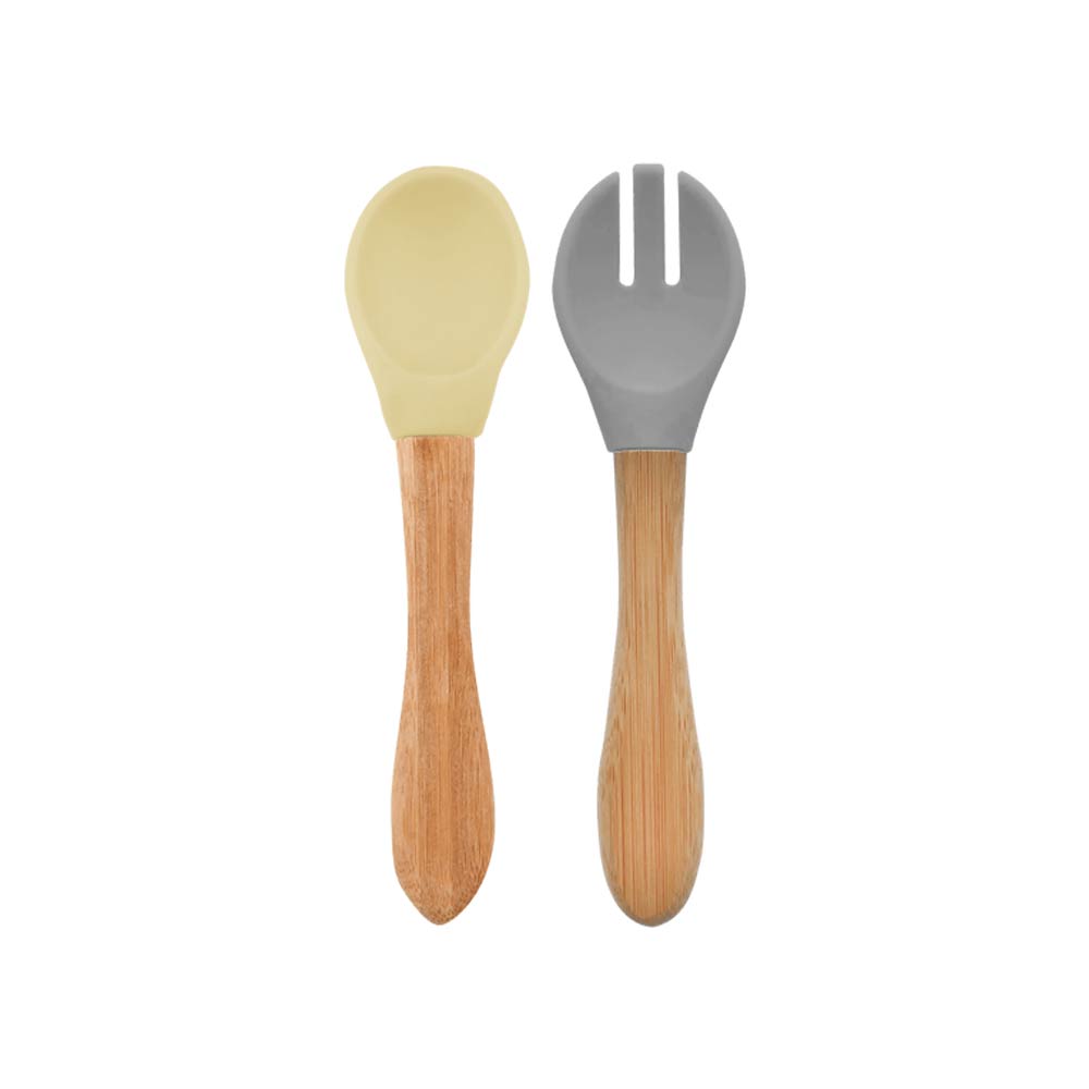 Minikoioi Dig In Spoon & Fork with Bambo Handle - Mellow Yellow & Powder Gray
