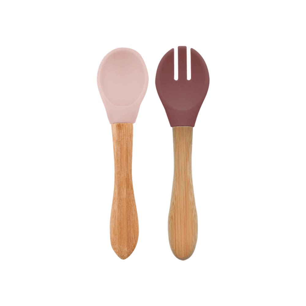 Minikoioi Dig In Spoon & Fork with Bambo Handle - Pinky Pink & Velvet Rose - 2 Pcs