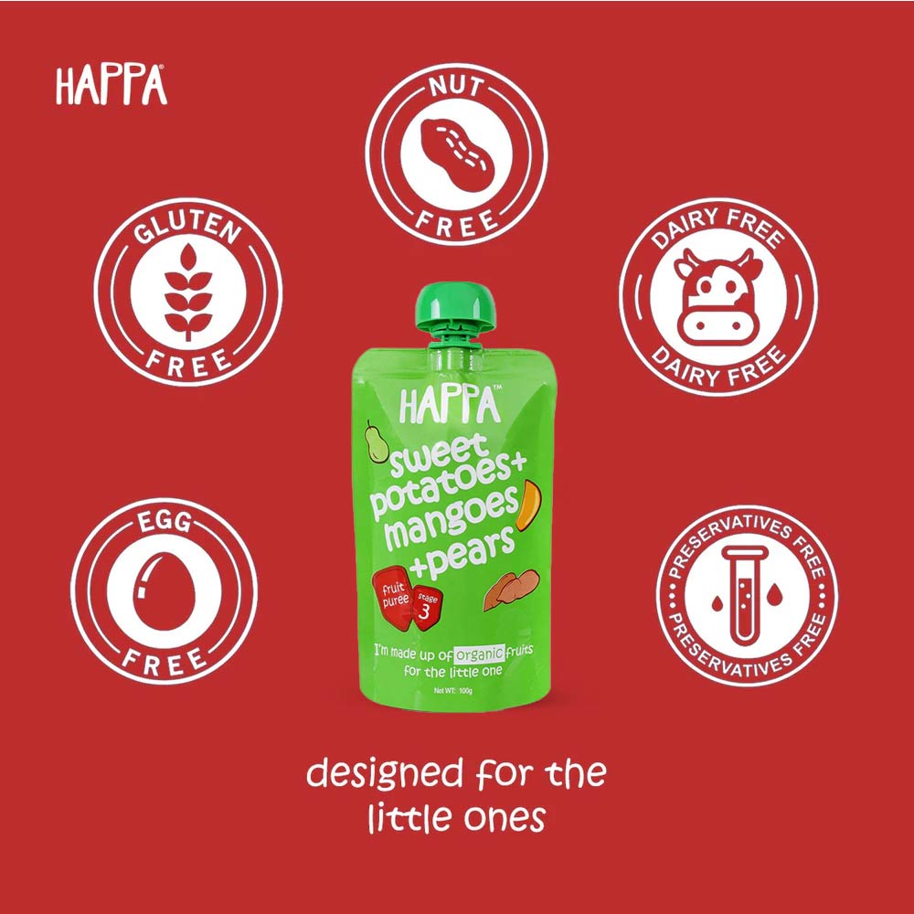 Happa Organic Puree (8m+) Sweet Potatoes, Mangoes & Pears - 100g
