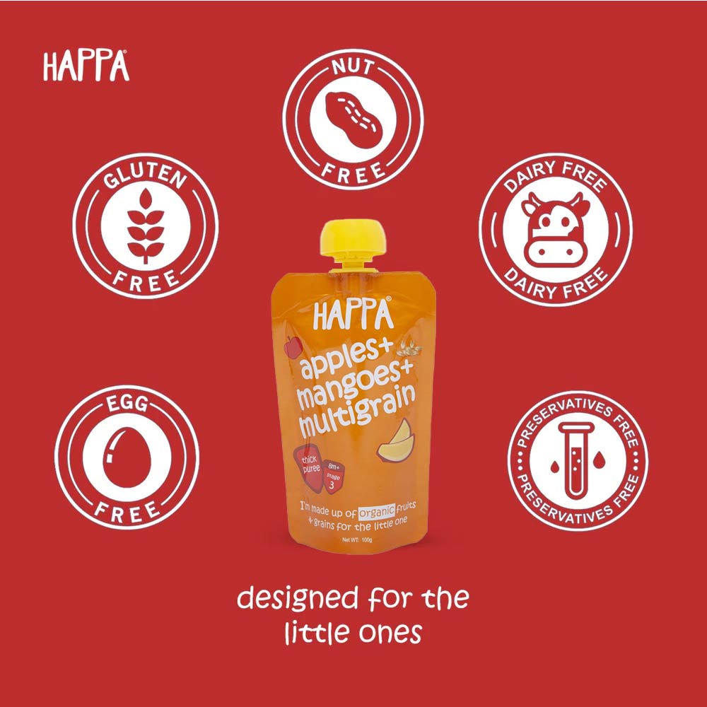 Happa Organic Puree (8m+) Apple, Mangoes & Multigrains - 100g