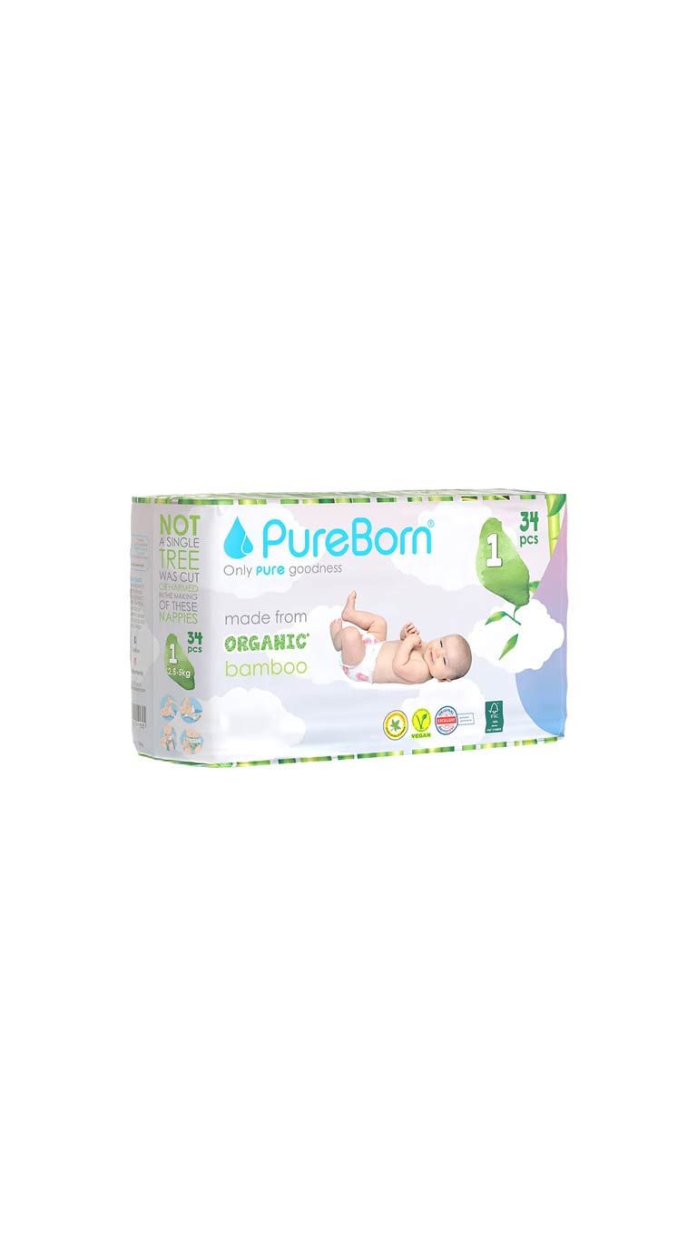 Pureborn Size 1 Up to 5kg - 34 Diapers