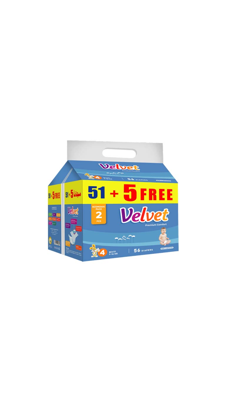 Velvet Comfort Size 4 Maxi (7-16kg) - 51 Diapers + 5 Free
