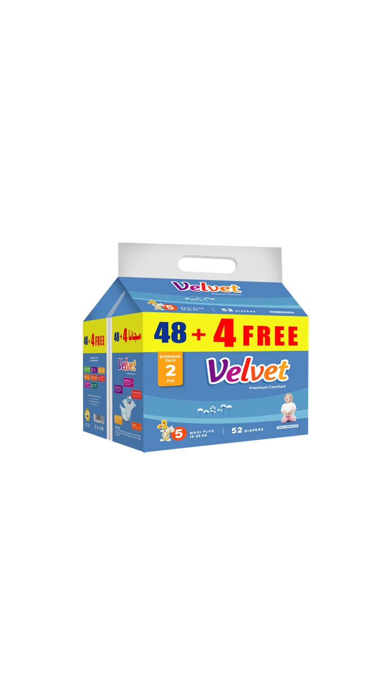 Velvet Comfort Size 5 Maxi Plus (12-25kg) - 48 Diapers + 4 Free