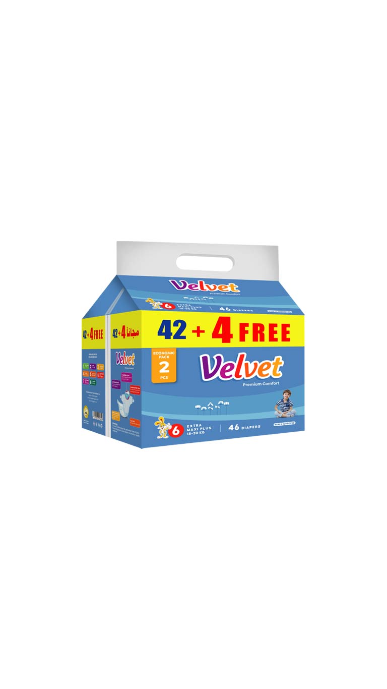 Velvet Comfort Size 6 Extra Maxi Plus (18-30kg) - 42 Diapers + 4 Free