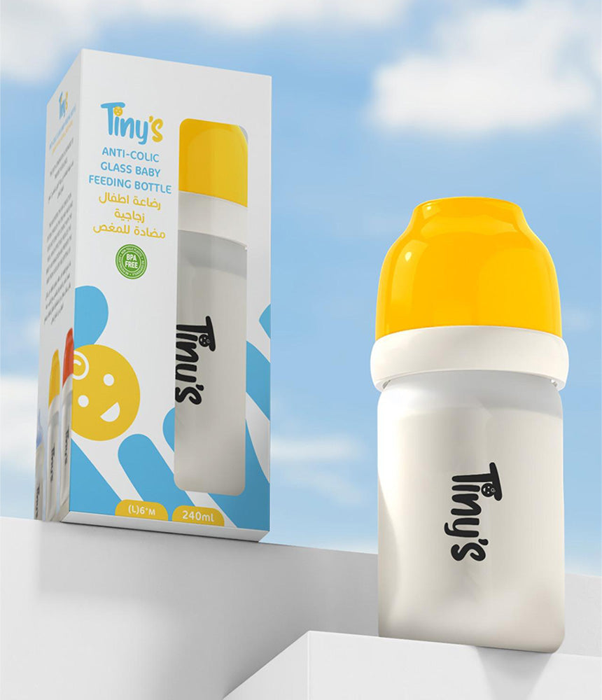 Tiny's Anti-Colic Glass Feeding Bottle (6m+) 240ml - Yellow