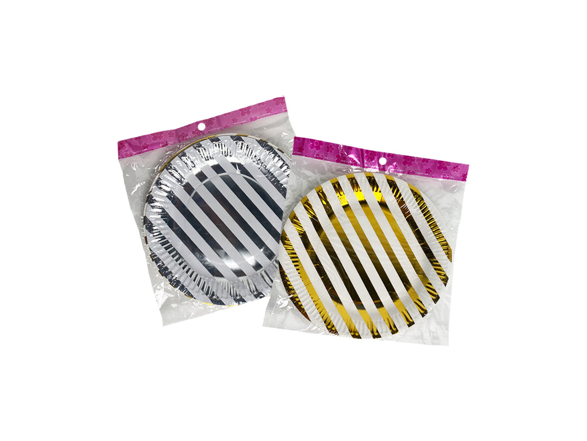 Party Food Plate Big Stripes Silver Golden - 6 pcs